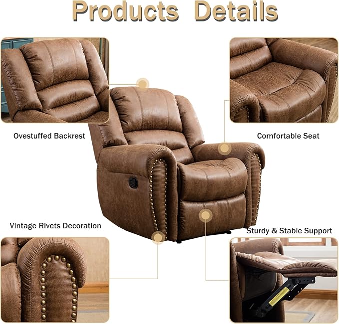 CANMOV Leather Recliner Chair, Classic and Traditional Manual Recliner Chair with Comfortable Arms and Back Single Sofa for Living Room, Nut Brown-Ruum Studio Home