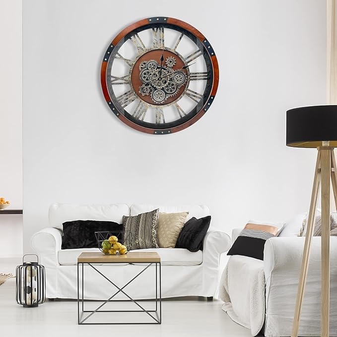 DORBOKER 40" Original Moving Gears Wall Clock, Large Industrial Wall Clock for Living Room Decor,Oversized Wood Vintage Farmhouse Steampunk Rustic Clocks for Wall Decor,Black Walnut-Ruum Studio Home