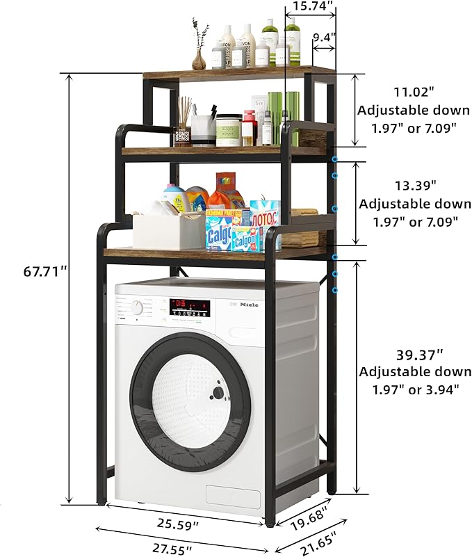 3-Tier Bathroom Room Shelf Washing Machine Storage Utility Rack Over The Toilet Washer Dryer Storage Bathroom Organizer Rack Space Saving Shelving Units Clothes Dryers Shelf-Ruum Studio Home