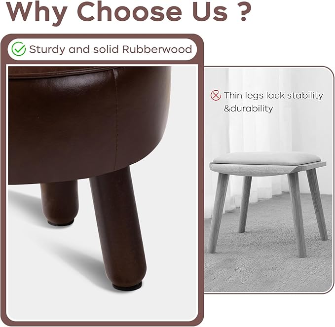 Small Foot Stool Ottoman, Round Pouf Foot Rest, Footstool Ottomans with Rubber Legs Under Desk, Faux Leather Footrest for Couch, Living Room, Bedroom, Office, 13''L x 13''W x 10.2''H, Coffee-Ruum Studio Home