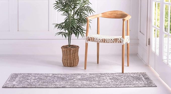 Unique Loom Rosso Collection Vintage, Traditional, Bohemian, Geometric, Distressed, Southwestern Area Rug (2' 7 x 10' 0 Runner, Gray/Ivory)-Ruum Studio Home