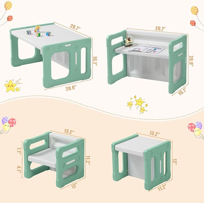3 in 1 Montessori Weaning Table and 2 Chairs Set, Kids Activity Table Set, 2 Height Levels, Toddlers Activity Table for Drawing, Dining, Reading and Playing, Green-Ruum Studio Home