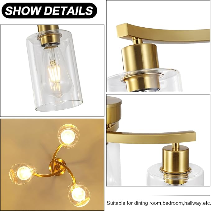 3-Light Gold Dining Room Chandeliers Over Table, Contemporary Kitchen Island Pendant Lighting, Industrial Hanging Light Fixture for Entryway Hallway Foyer Bedroom, Clear Glass Shade-Ruum Studio Home