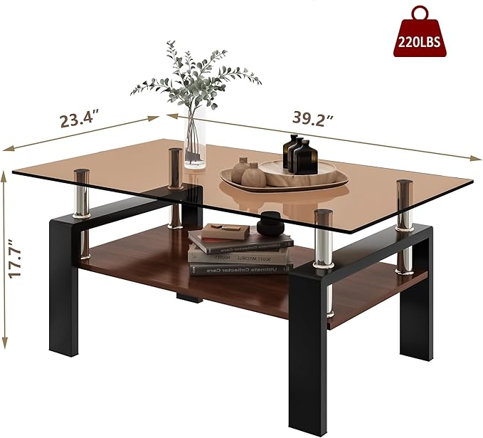 39" Brown Glass Coffee Table Walnut Modern Living Room Center Table Rectangle, with Wooden MDF Storage Layer, Black Metal Leg, for Small Apartment and Office, Brown-Ruum Studio Home