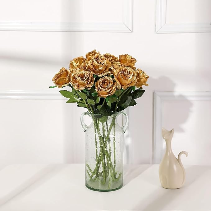 Gold Fake Roses Artificial Flowers - 10 Pcs Fake Artificial Roses Silk Flowers with Stems for Home Wedding Hotel Office Centerpiece Decor-Ruum Studio Home