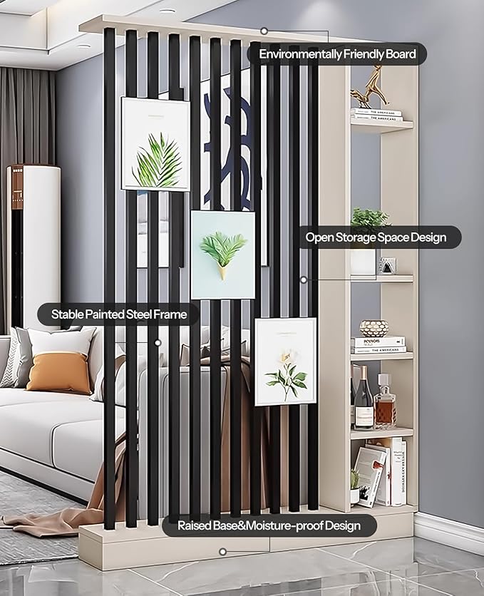 Wall Room Divider, Storage Cabinet Storage Display with Shelves, Modern Freestanding Wood Room Divider Screen, Wall Privacy Screens for Home Decorative (Beige+Black,55" L x 9.5" W x 79.5" H)-Ruum Studio Home