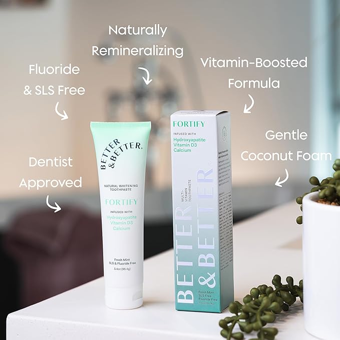 Better & Better Fortify Hydroxyapatite Toothpaste | Infused w/VIT. D & Calcium | Fluoride & SLS Free for Sensitive Brushers | Natural & Vegan Whitening Toothpaste | Fresh Mint Flavor | 3.4oz, 1 Pack-Ruum Studio Home