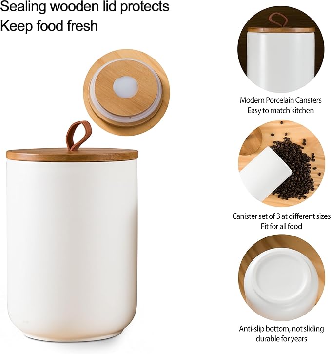 White Canister Sets for Kitchen, 3pcs Ceramic Canisters with Airtight Wooden Lid, Food Storage Jar, Large Kitchen Storage Containers for Serving Coffee Beans, Tea, Sugar, Salt, Spices-Ruum Studio Home