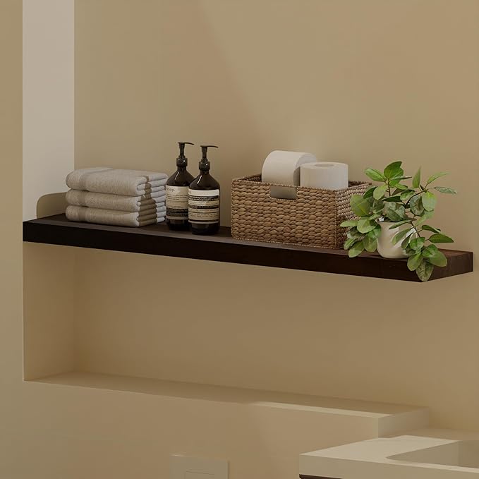 ROGMARS Walnut Wooden Floating Shelves for Wall 48 inches Long,8 Inch Deep Natural Wood Floating Wall Mounted Shelves with Invisible Bracket for Kitchen,Bedroom,Living Room,1PC-Ruum Studio Home