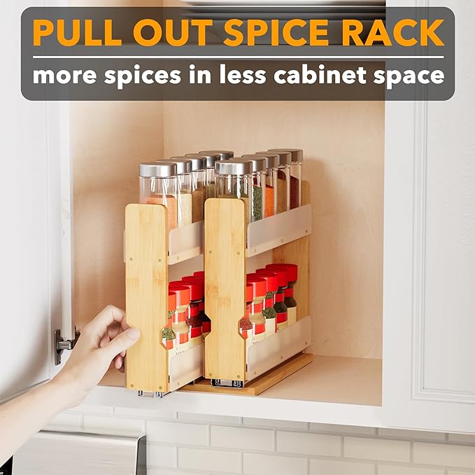 SpaceAid Bamboo Pull Out Spice Rack Organizer for Cabinet, Heavy Duty Slide Out Seasoning Kitchen Pantry Sliding Vertical Organization, 5.1" Wide, 2 Drawers(2" Wide), 2-Tier, Natural-Ruum Studio Home