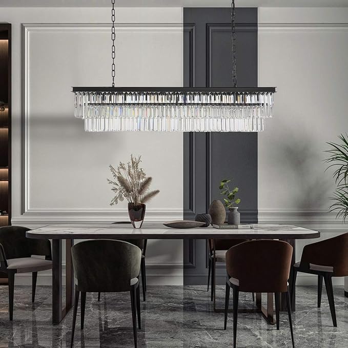 Rectangle Crystal Chandelier Black Modern Linear Chandelier Contemporary Pendant Light Fixture 8-Light Hanging Ceiling Light for Dining Room Living Room Kitchen Bedroom Foyer 47''-Ruum Studio Home