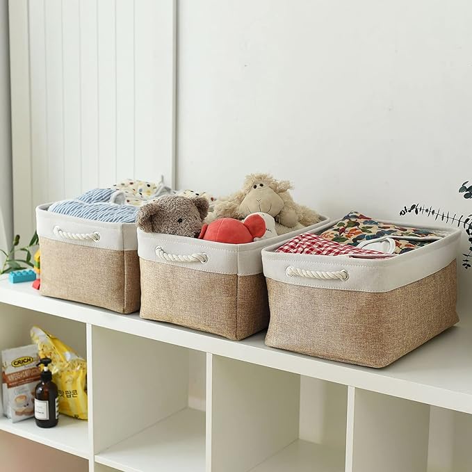 Fabric Storage Baskets - Rectangular Baskets for Organizing Fabric, Shelves & Decorative Use (White & Khaki)-Ruum Studio Home