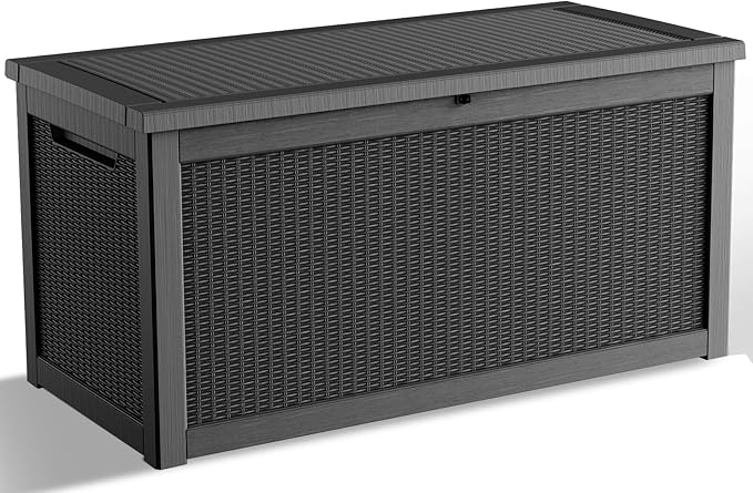 DRATO 260 Gallon Deck Box, Outdoor Large Waterproof Resin Storage Box with Lockable Lid for Patio Cushions, Gardening Tools, Sports Equipment, Black-Ruum Studio Home
