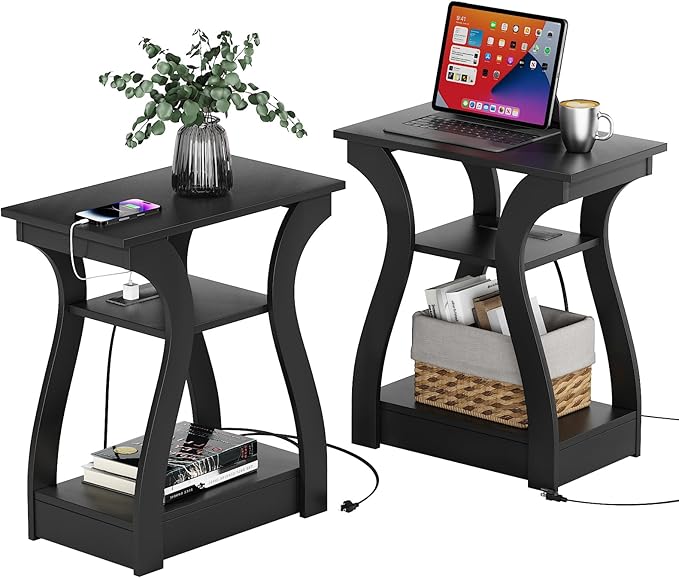 Black End Table Set of 2 with Charging Station, Side Table with USB Ports and Outlets, Black Nightstand, 3 Tier End Table with Storage Shelf for Living Room, Bedroom-Ruum Studio Home