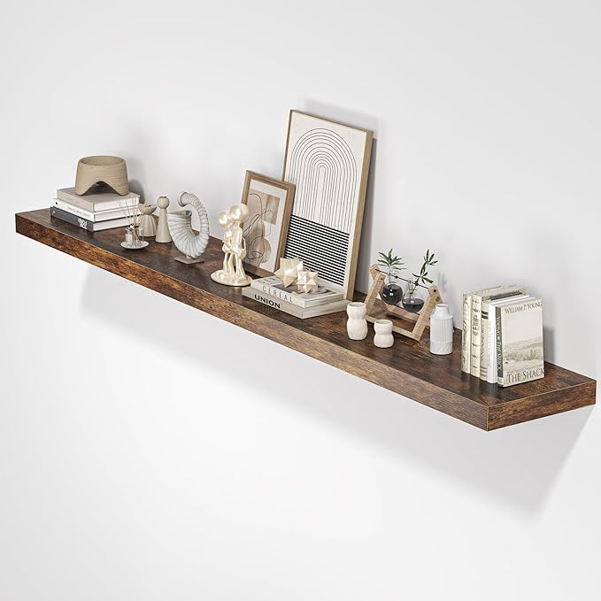 Floating Shelves for Wall, 72" W x 9.3" D x 1.5" H, Long Wooden Wall Mounted Display Shelf with Invisible Brackets for Living Room, Bedroom, Bathroom, Kitchen & Storage, Set of 1, Rustic Brown-Ruum Studio Home