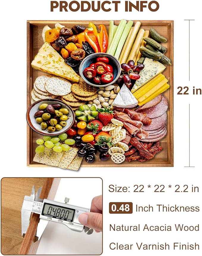 22 Inches Square Acacia Wood Ottoman Tray, Extra Large Wooden Serving Tray with Handles for Living Room, Serving Food Breakfast, Ottoman Coffee Table Couch Sofa Kitchen-Ruum Studio Home