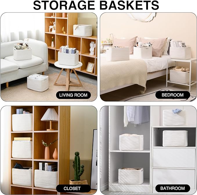 Storage Baskets for Organizing, Woven Basket for Storage, Storage Baskets Bin for Shelves, Cotton Rope Basket with Handles, 12.5"Lx9.1"Wx7.9"H, (4 Packs) Off White-Ruum Studio Home
