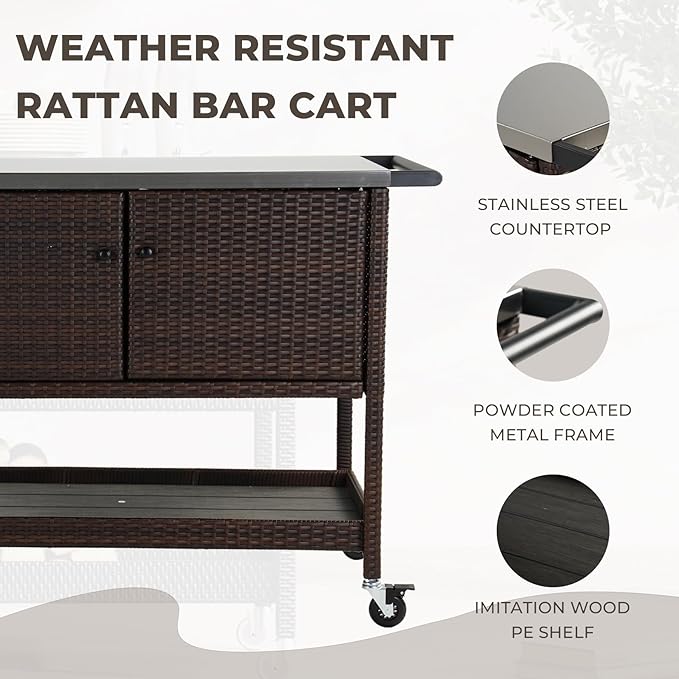Grand patio Outdoor Wicker Bar Cart, Outdoor Bar Table with Stainless Steel Tabletop, Patio Kitchen Island Grill Cart with Storage Cabinet and 4 Hooks-Ruum Studio Home