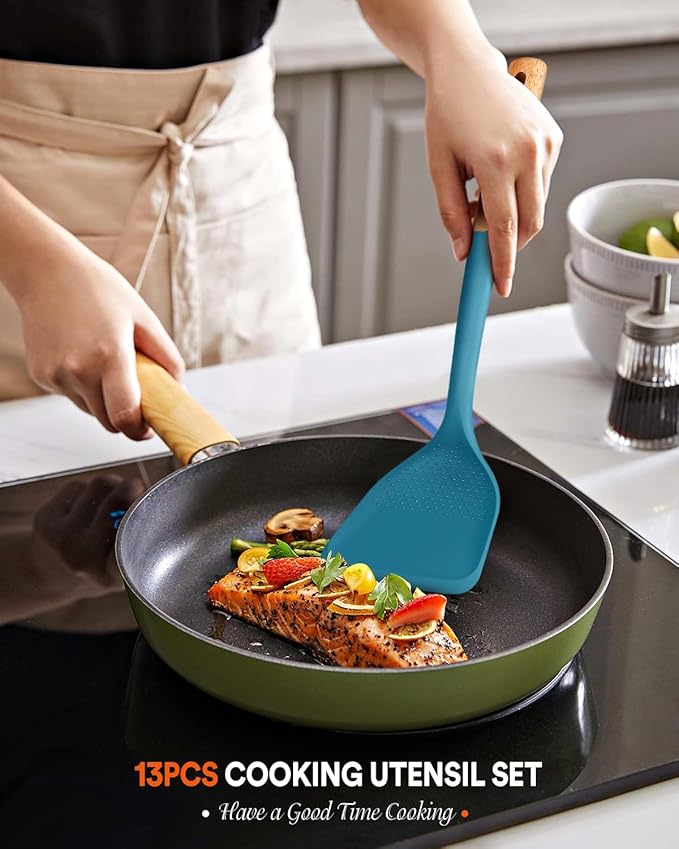 Kitchen Utensils Set, 13PCS Silicone Cooking Utensils, Heat Resistant Kitchen Utensil Spatula Set for Nonstick Cookware, Wooden Handles Kitchen Gadgets Tools Set (BLUE)-Ruum Studio Home