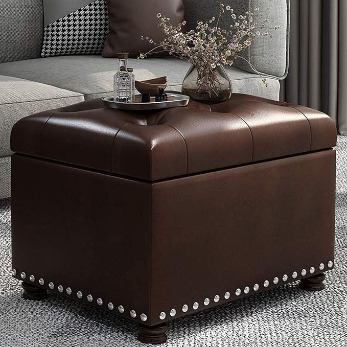 24'' Leather Storage Ottoman Rectangular Foot Rest Stool with Nailhead Trim for Bedroom Living Room(Dark Brown)-Ruum Studio Home