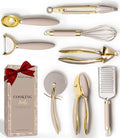 Gold and Beige Kitchen Utensils Set – 8 PC Cooking Gadgets with Mini Gold Whisk and Tongs, Pizza Cutter, Garlic Press, Cheese Grater, Peeler, Can Opener, Scoops – Stylish Beige Kitchen Accessories-Ruum Studio Home