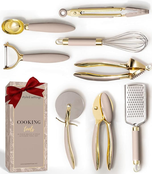 Gold and Beige Kitchen Utensils Set – 8 PC Cooking Gadgets with Mini Gold Whisk and Tongs, Pizza Cutter, Garlic Press, Cheese Grater, Peeler, Can Opener, Scoops – Stylish Beige Kitchen Accessories-Ruum Studio Home