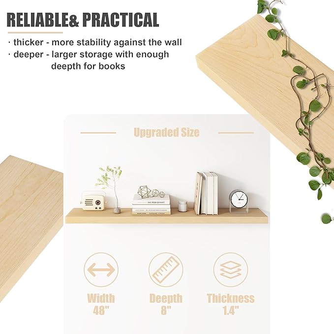 Floating Shelves for Wall, USA-Sourced Maple Wood 48 Inch Long Wall Shelves, Natural Wooden Mounted Picture Ledge Shelf, Nursery Book Storage Shelf Kids Bookshelf, Display Shelf for Bathroom-Ruum Studio Home