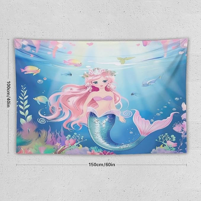 HZOHNAGO Mermaid Girls Tapestry Watercolor Mermaid Princess Pattern Printed Wall Tapestry Wall Hanging for Bedroom Living Room Dorm 60" W x 40" H-Ruum Studio Home