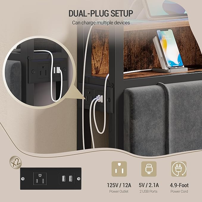 Headboard with 3-Tier Storage Shelves, Velvet Upholstered Head Board with 2 Outlets, USB Ports & LED Light, Soft Backrest for Full Size Bed, Rustic Brown and Black BH13801B-Ruum Studio Home