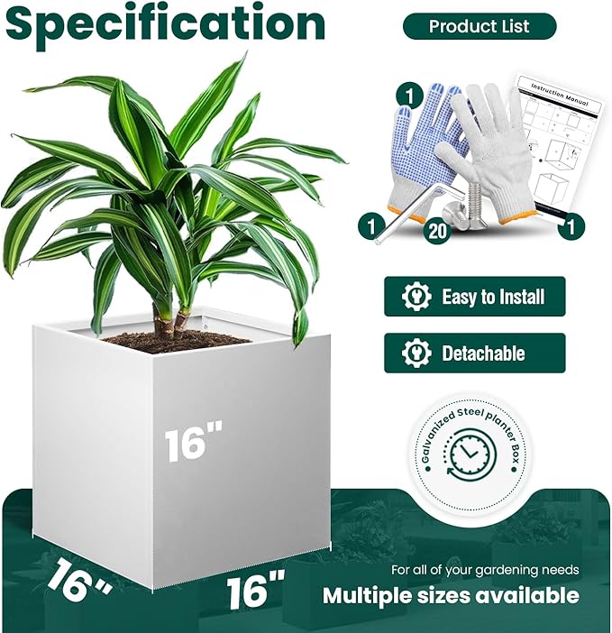 White Steel Planter Square Outdoor Planters Galvanized Steel Planter Box Indoor Metal Large Planters Cube Heavy Duty Flower Pot 16 Inch Modern Commercial Residential for Trees Patio Deck Yard Garden-Ruum Studio Home