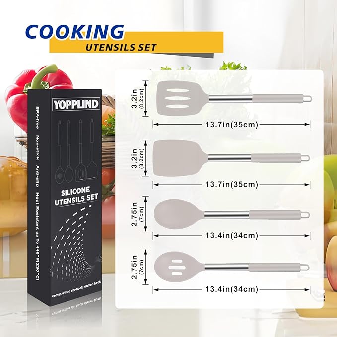5-Piece Silicone Kitchen Tool Set, BPA-Free, Heat-Resistant, Non-Stick & Dishwasher-Safe, with Slotted/Solid Spoons & Spatulas for Frying, Mixing, Draining – Includes Multi-Purpose Serving Hook(Khaki)-Ruum Studio Home