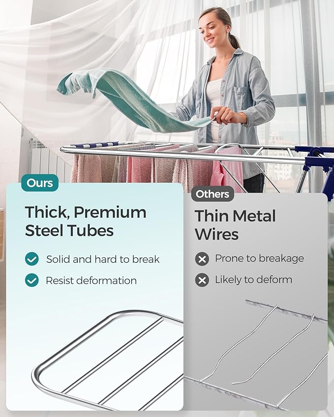 SONGMICS Clothes Drying Rack, Foldable 2-Level Laundry Drying Rack, Free-Standing Laundry Airer, with Height-Adjustable Wings, 33 Drying Rails, Sock Clips, Silver and Blue ULLR53BUV1-Ruum Studio Home