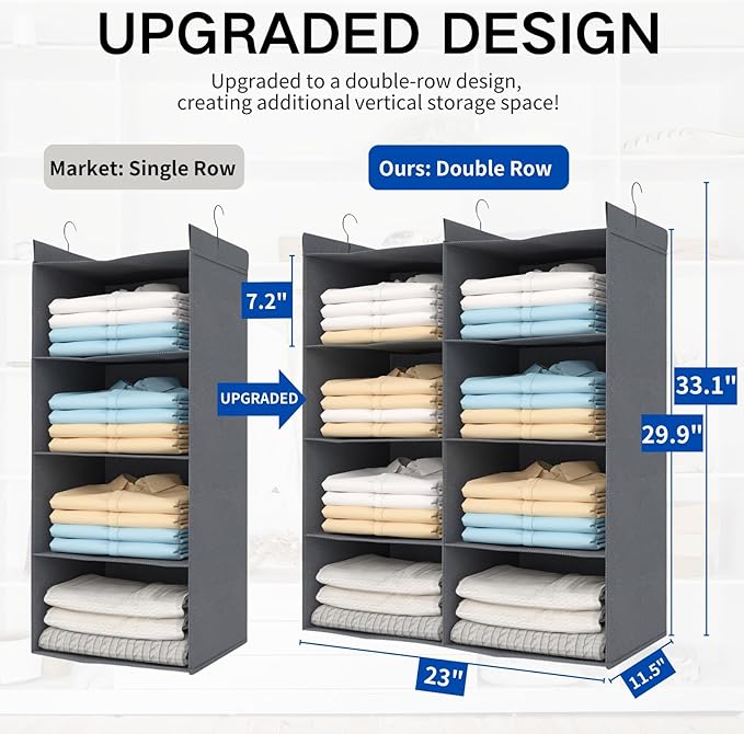 4 Tier Shelf Hanging Closet Organizer, Dual-Row 8 Pocket Cloth Hanging Shelf with 3 Sturdy Hooks for Storage, Foldable (Grey)-Ruum Studio Home
