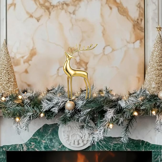 Sziqiqi Reindeer Sculpture for Christmas Table Centerpieces - Gold Brass Deer Antler Statue Decor Metal Elk Figurine Modern Stag Sculpture for Christmas Decorations Indoor Animal Rein Deer Ornaments-Ruum Studio Home