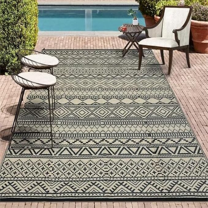 GAOMON Outdoor Rug for Patio Clearance 5x8 Reversible Plastic Straw Patio Rug for Camping Stain & UV Resistant RV Mats for Porch, Deck, Backyard, Camper, Balcony, Picnic, Black&Brown-Ruum Studio Home