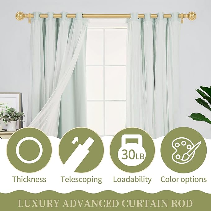 Gold Adjustable Curtain Rods for Windows:Farmhouse Heavy Duty Curtain Rod for Bedroom Living Room,Boho Decorative Rustic Drapery Rod with Vintage Coastal Texture Finial,Brass Gold 2Pack 18-45"-Ruum Studio Home