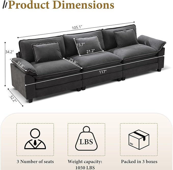 URRED Modular Sectional Sofa Comfy Cloud Couch, Modern Velvet Sofa Sleeper Deep Seat Couches with Ottoman/Pillows for Living Room (Dark Gray, 117'')-Ruum Studio Home