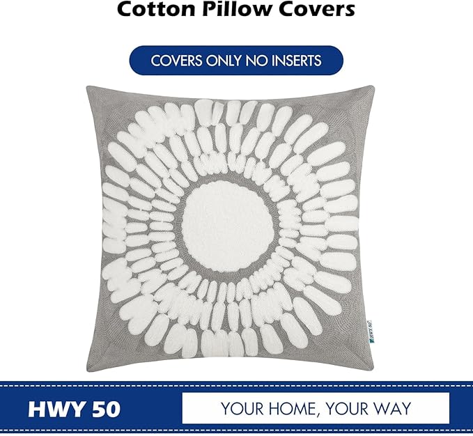 HWY 50 Grey Gray Decorative Throw Pillow Covers 18x18 Inch (1 Piece), Modern Embroidered Cotton Farmhouse Cushion Cover Pillow Case for Couch Living Room Bed Sofa, Sunflower-Ruum Studio Home