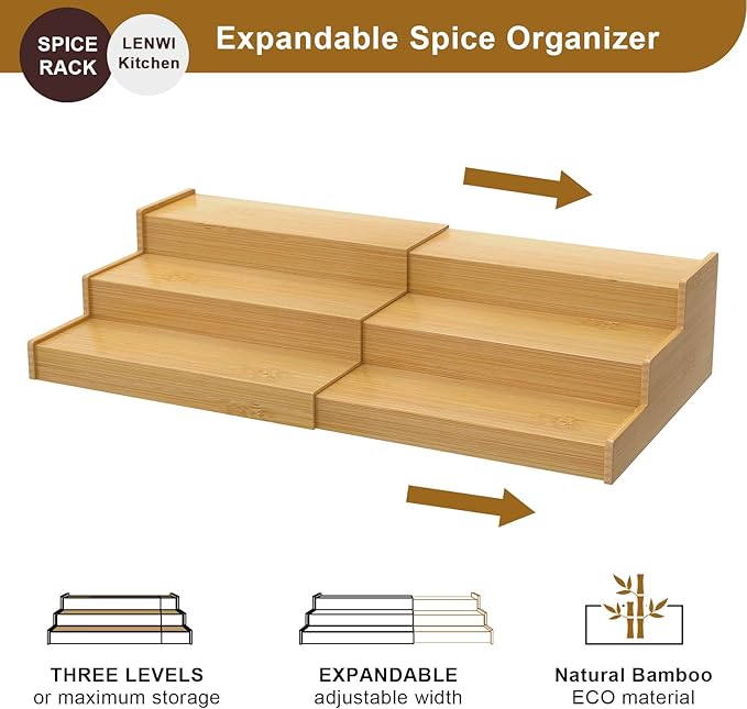 Spice Rack Organizer for Cabinet, 3 Tier Expandable Bamboo Spice Storage, Great for Kitchen Cabinet, Cupboard,Pantry and More-Ruum Studio Home