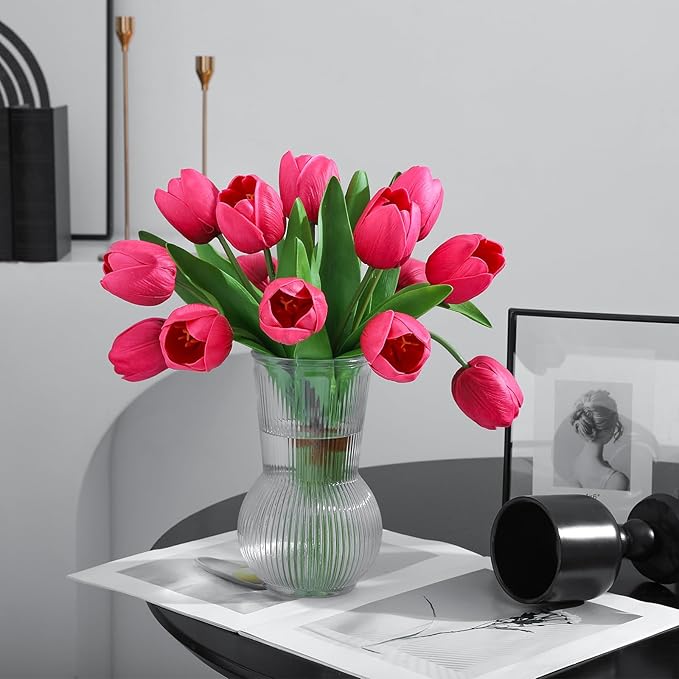 Rose Red Artificial Tulips, 2 Bundles 14Pcs, Fake Tulips Artificial Flowers, 2 x 2.4 Inch Large Flower Head Big Tulip, Easter Valentine's Day Mother's Day Home Decoration Flowers-Ruum Studio Home