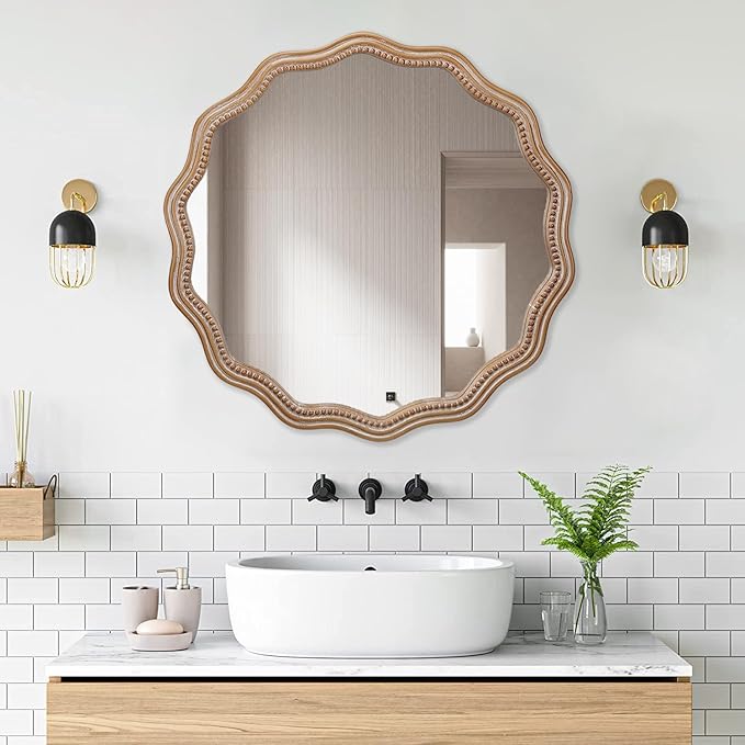 Round Mirror Vanity Mirrors for Bathroom with Wavy Wood & Beaded Frame - Wall Mirrors for Living Room,Entry Mirrors for Wall,Decorative Mirror-Ruum Studio Home