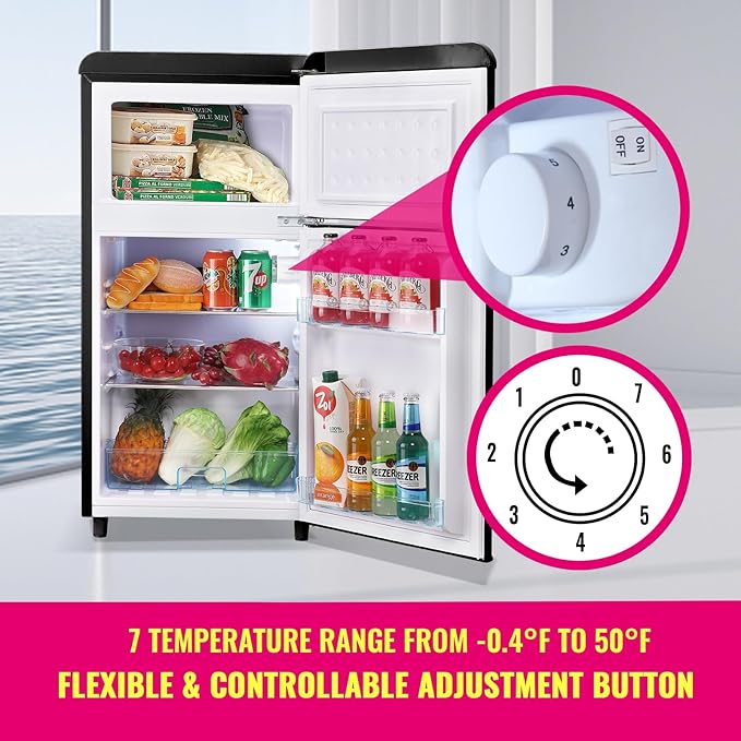 Mini Fridge Dual Door Refrigerator with Freezer, 3.5 Cu.Ft Compact Refrigerator with Handle, Adjustable Temperature & Removable Glass Shelves, for Apartment/Dorm/Office/RV, Black-Ruum Studio Home