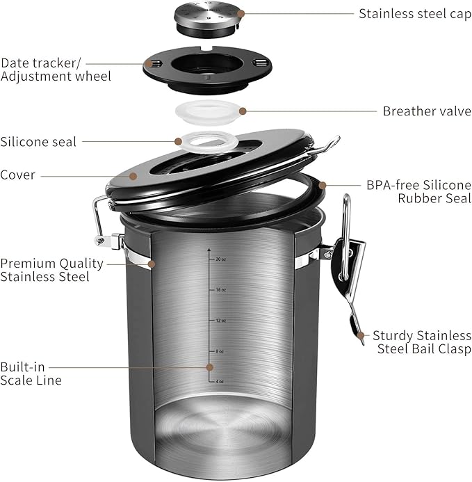 Veken Coffee Canister with Window,Airtight Stainless Steel Kitchen Food Storage Container, Date Tracker & Scoop for Grounds Coffee, Beans, Tea, Flour, Cereal,Sugar,22OZ,Grey-Ruum Studio Home