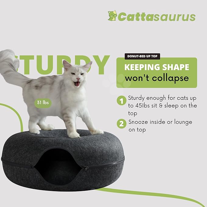 Cattasaurus Peekaboo Cat Cave, Extra Spacious for Multiple & Large Cats 12+ lbs, Scratch Detachable Beds for Indoor Cats, Washable Tunnel Bed, Comfy Cat Donut Tunnel (Light Gray+Dark Gray, Jumbo)-Ruum Studio Home