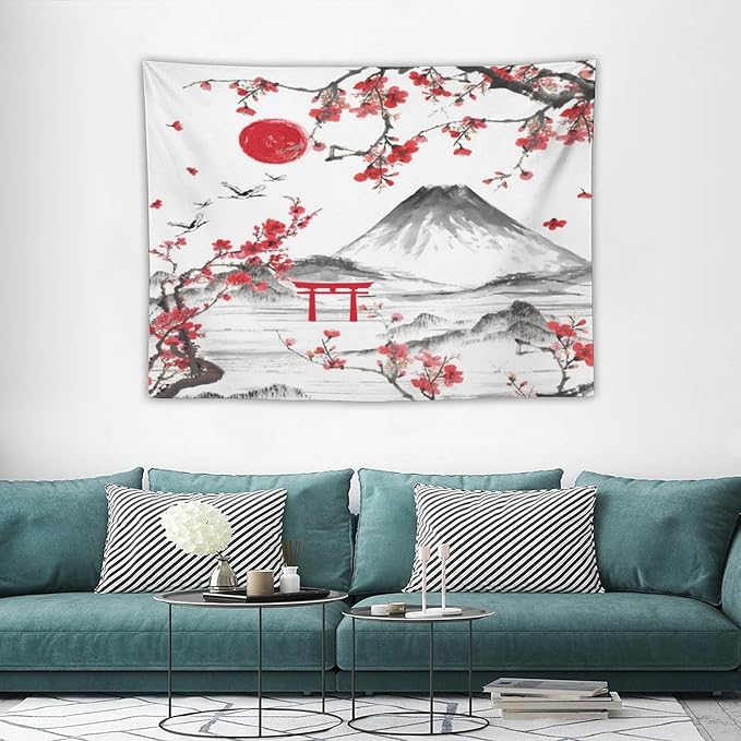Red Cherry Blossoms Tapestry, Japanese Fuji Mountain Tapestry, Asian Japanese Wall Tapestry, Nature Landscape Tapestries for Bedroom Living Room Decor 40"x30"-Ruum Studio Home