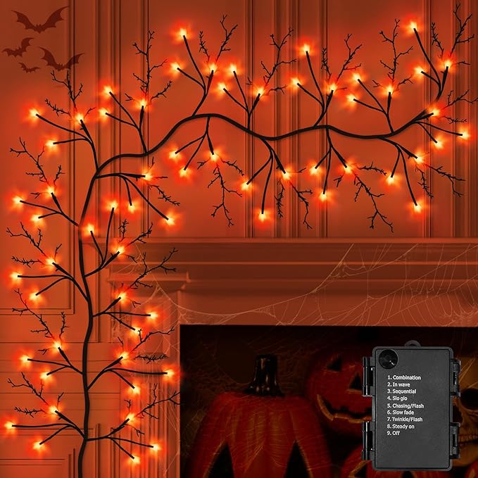 7 Ft Halloween Decorations Willow Vine Twig Garland with 8 Modes Timer 63 LED Orange Lights, Halloween Garland with Waterproof Battery Operated for Wall Fireplace Decorations Indoor Outdoor-Ruum Studio Home