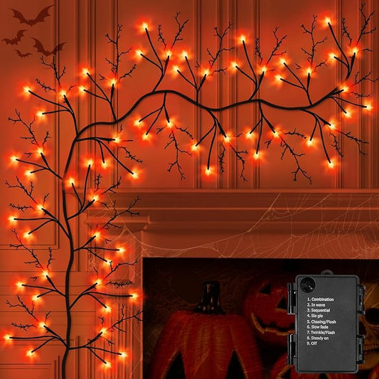 7 Ft Halloween Decorations Willow Vine Twig Garland with 8 Modes Timer 63 LED Orange Lights, Halloween Garland with Waterproof Battery Operated for Wall Fireplace Decorations Indoor Outdoor-Ruum Studio Home