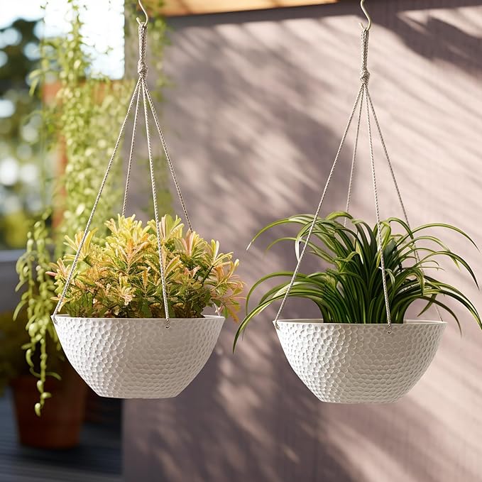 LA JOLIE MUSE Hanging Planters for Outdoor Plants, Large Hanging Planter with Drain Holes, Outdoor Hanging Flower Pots, White Stone, Honeycomb (13.2 Inch, Set of 2)-Ruum Studio Home