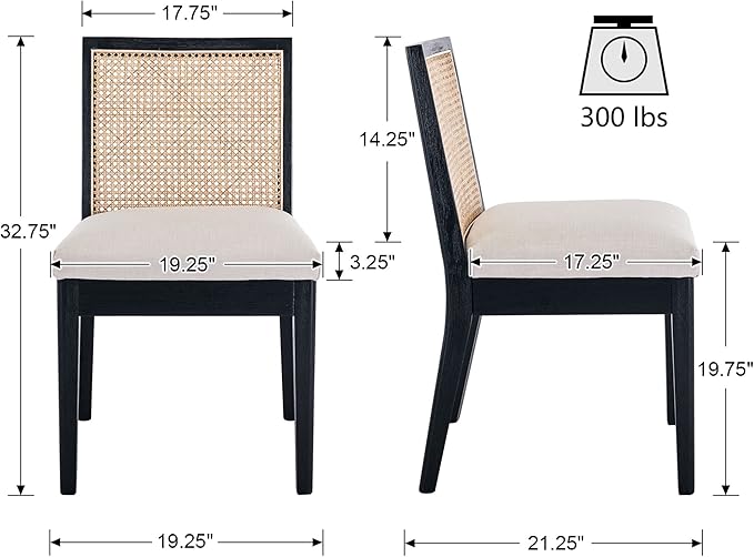 VESCASA Upholstered Dining Chairs with Square Wooden Rattan Back, Armless Padded Linen Cushion Dining Chairs with Wood Legs for Dining Room, Kitchen, Set of 4, Black Frame-Ruum Studio Home