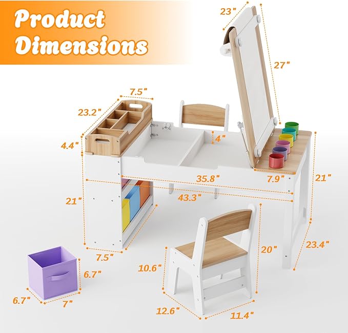 Kids Art Table and Chair - Toddler Craft Table and Chairs Set with 2 Chair & Bins, Kids Activity Desk with Paper Roll for Playrooms & Classroom, 44" L x 24" W, Natural-Ruum Studio Home